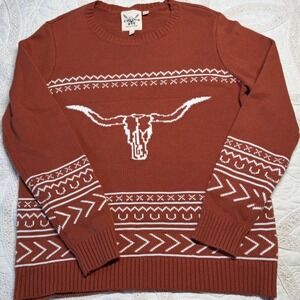 Cotton & Rye Longhorn‎ Skull Sweater Rust Orange Southwestern Womens Large